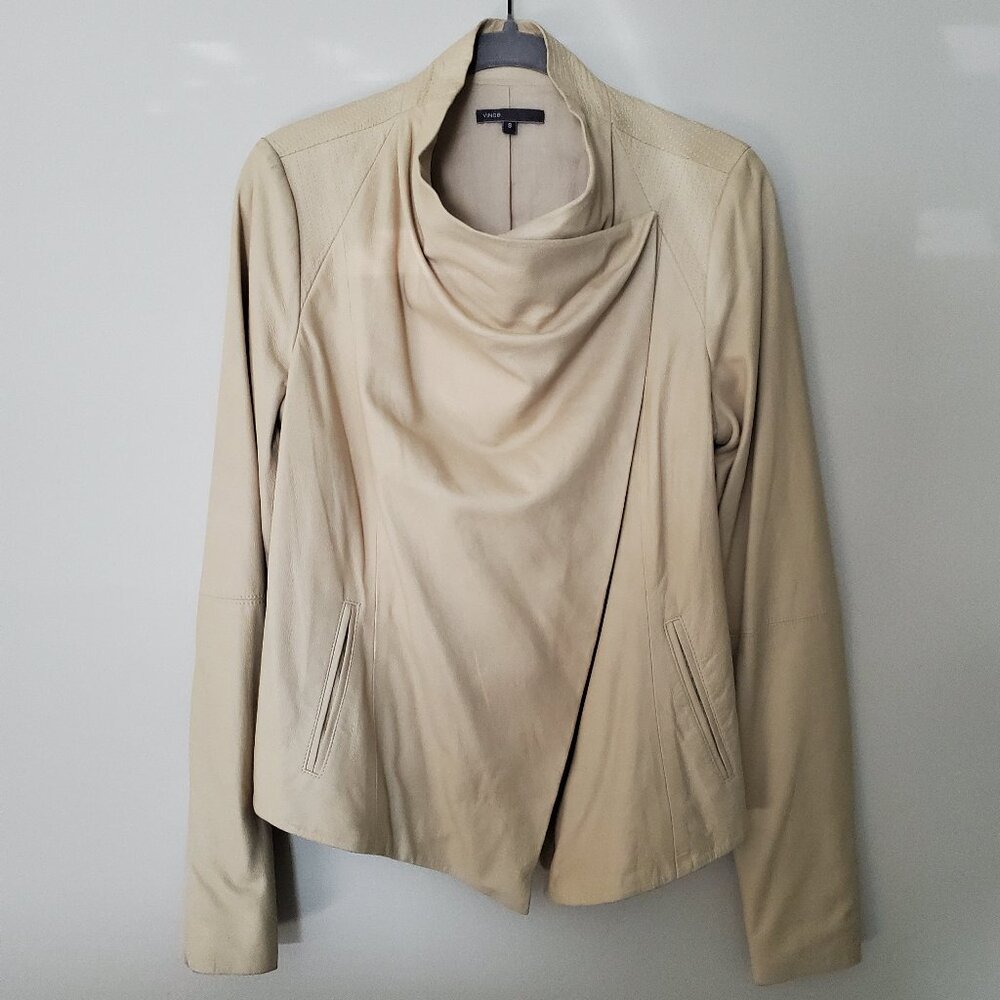 Vince NWOT Draped Front/Cowl Neck Leather Jacket - Ivory/Cream, Size S
